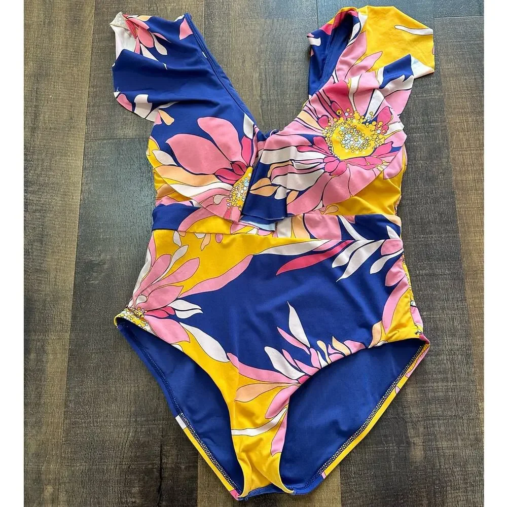 Trina Turk Breeze Ruffle Plunge Floral Print One Piece Swimsuit Size 12